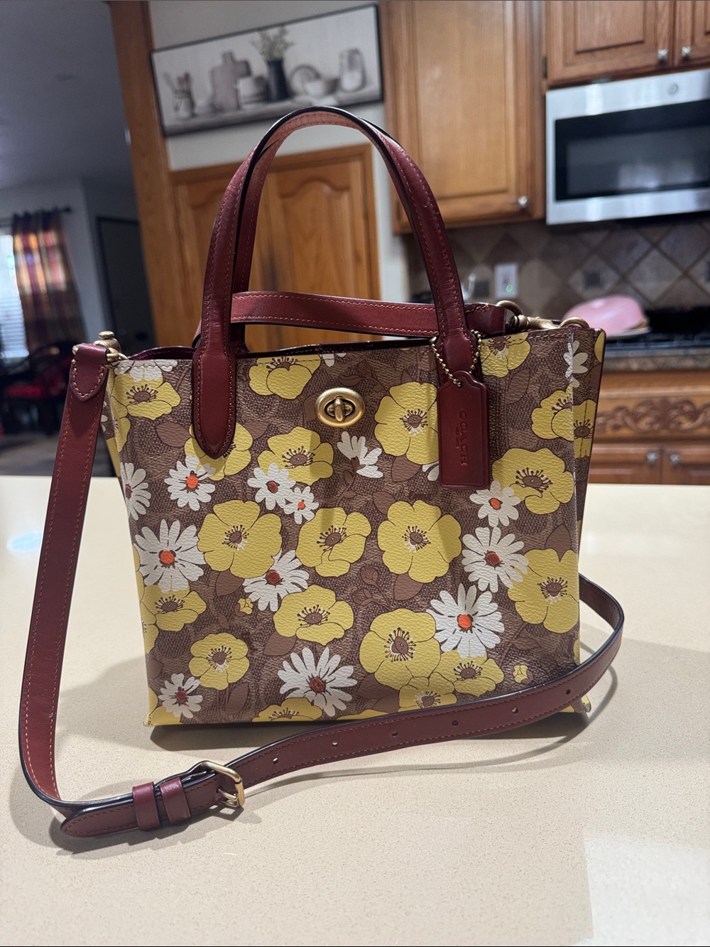 Coach Floral Crossbody Tote — Yellow/Burgundy/Brown